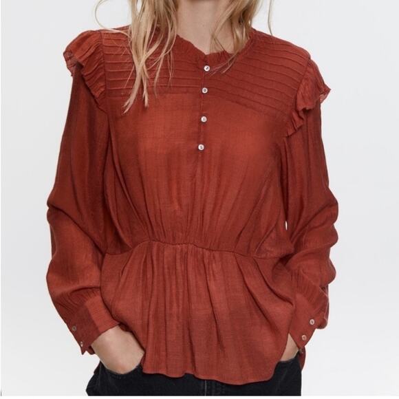 Zara Tops - Zara Gathered Ruffled Shirt Size Small